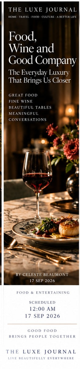 Luxury lifestyle magazine cover featuring an elegant dinner table, plated food, flowers and a glass of wine