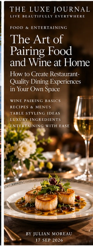 The Luxe Journal editorial cover for food and wine pairing at home with an elegant dinner table