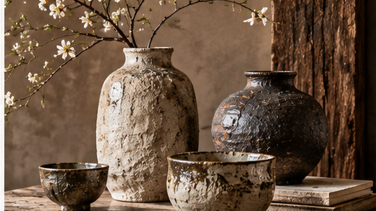 Handcrafted ceramic vases and bowls with organic textured glazes