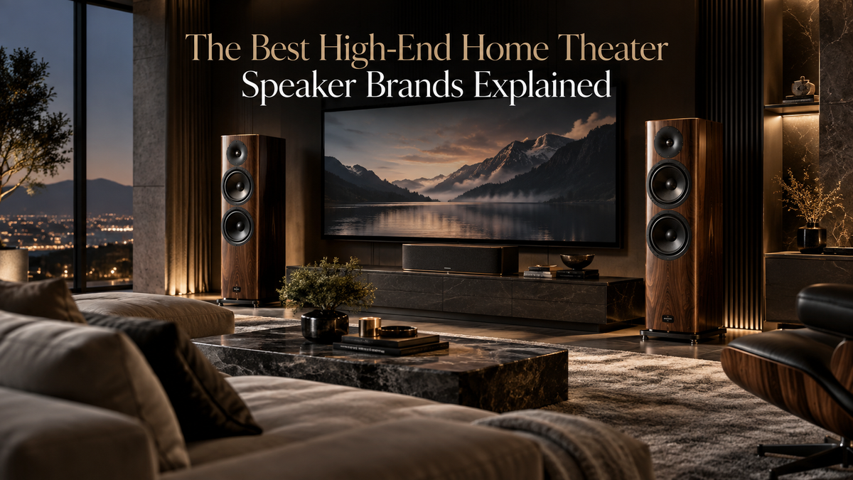 High-end home theater with premium floorstanding speakers and luxury interior