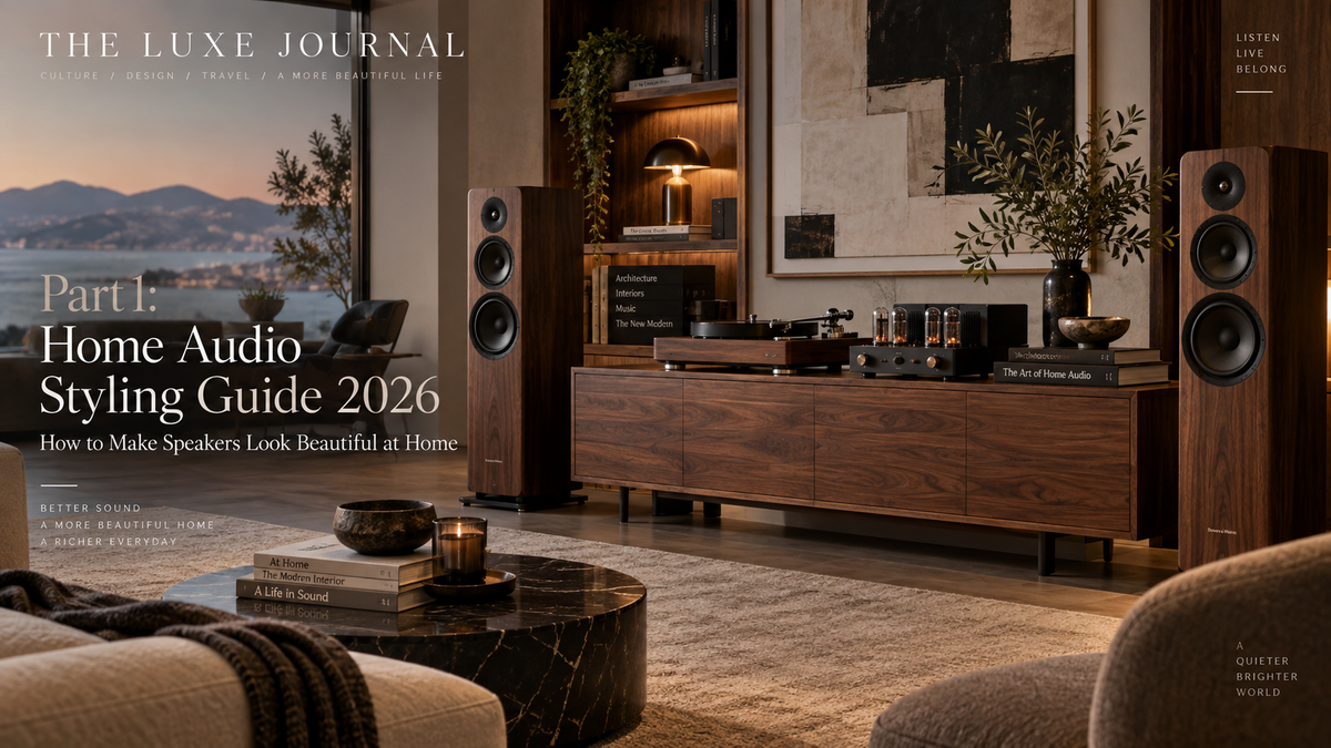 Luxury living room with stereo speakers, turntable and integrated home audio styling
