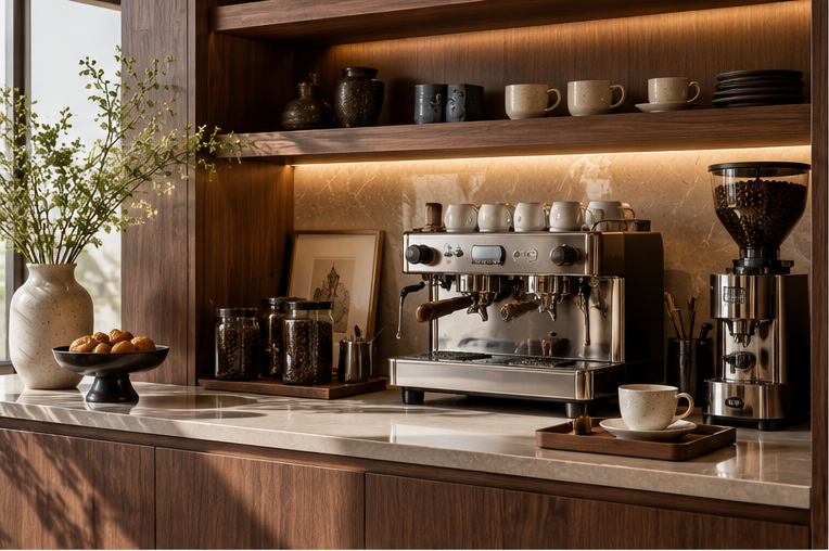 Built-in luxury home coffee bar with espresso machine