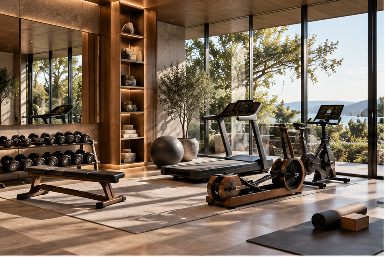 Luxury home gym with cardio equipment, weights and floor-to-ceiling windows