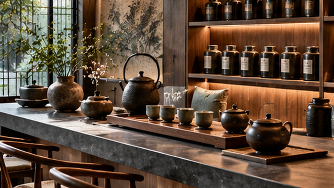 Luxury home tea bar with teaware, tea jars and dark stone counter