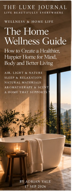 The Luxe Journal editorial cover for home wellness with a serene spa-like bathroom and mountain view