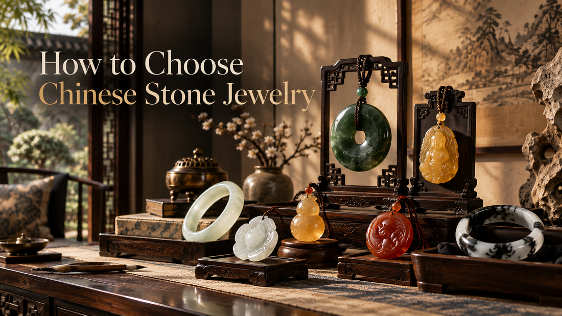 Chinese stone jewelry in green golden white red and ink-pattern tones