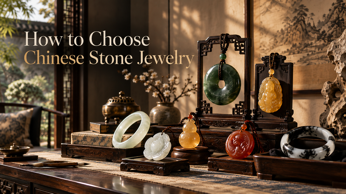 Chinese stone jewelry in green golden white red and ink-pattern tones