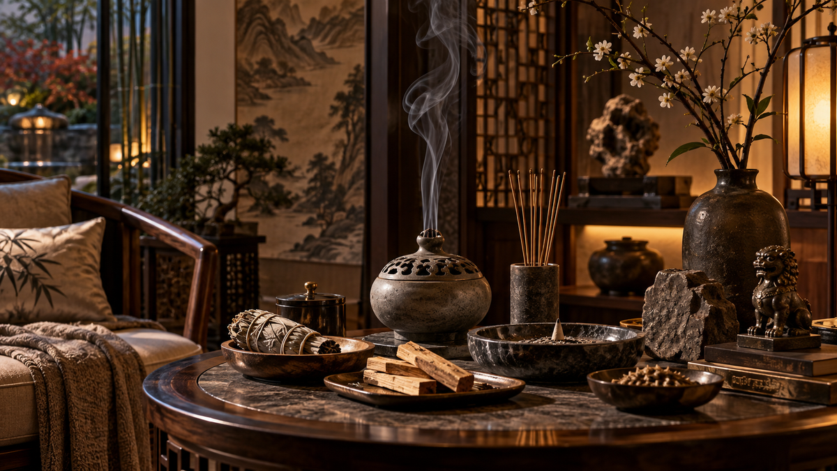 New Chinese incense ritual corner with incense holder, Palo Santo, warm lighting and tea room decor