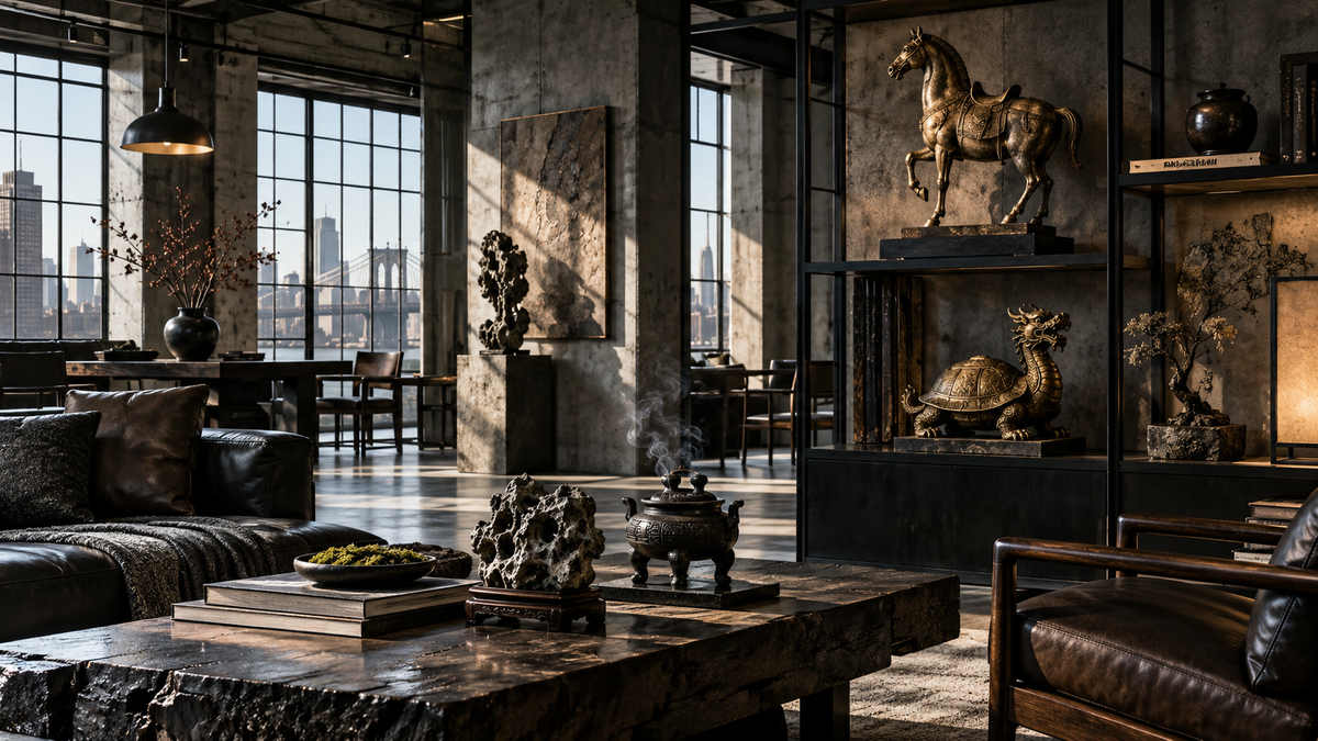 Industrial loft with brass Chinese sculpture stone incense and dark decorative objects