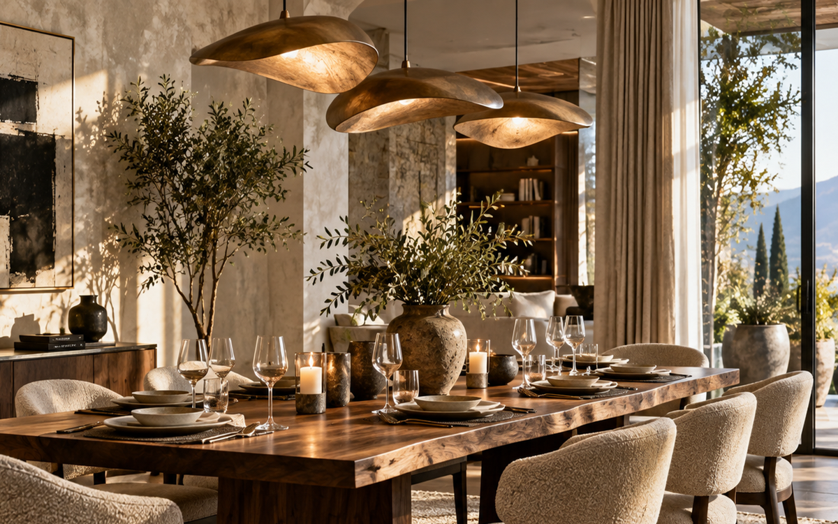 Interior lighting ideas with sculptural pendants and layered warm light