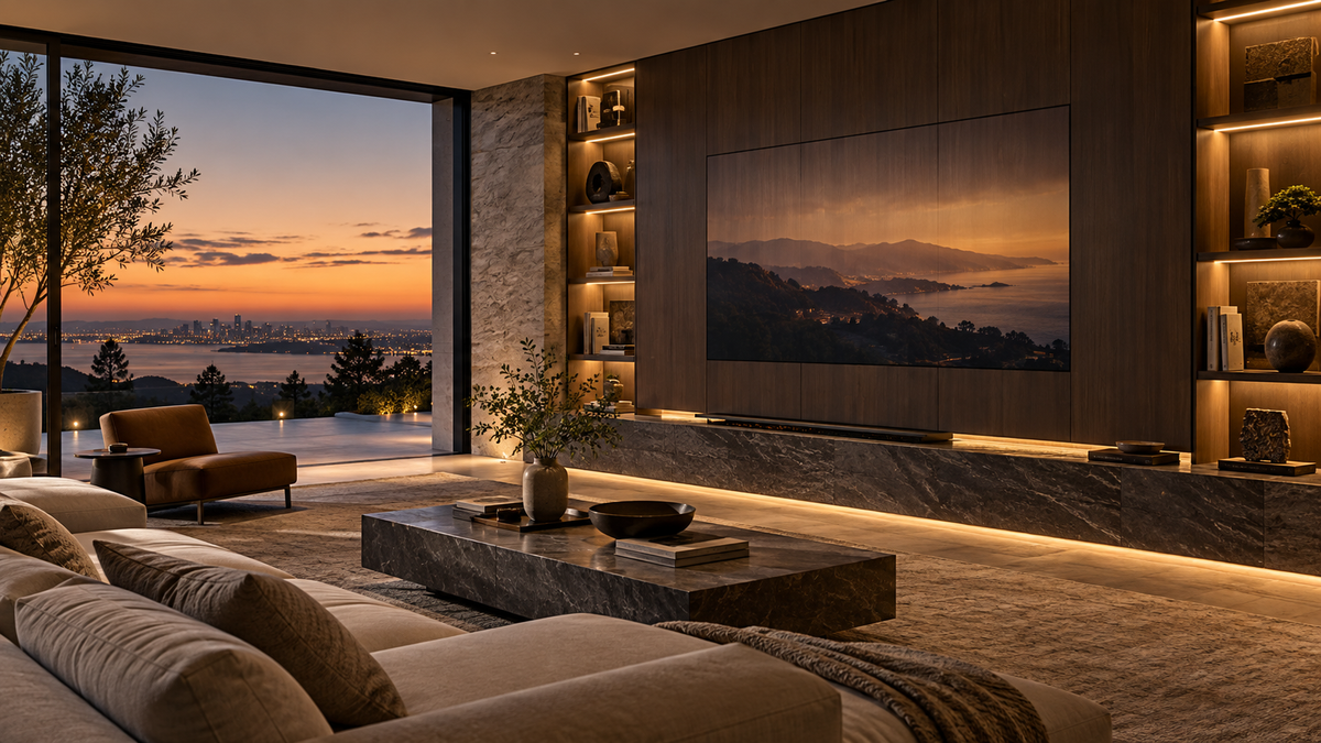 Luxury living room with concealed home theater technology integrated into interior architecture