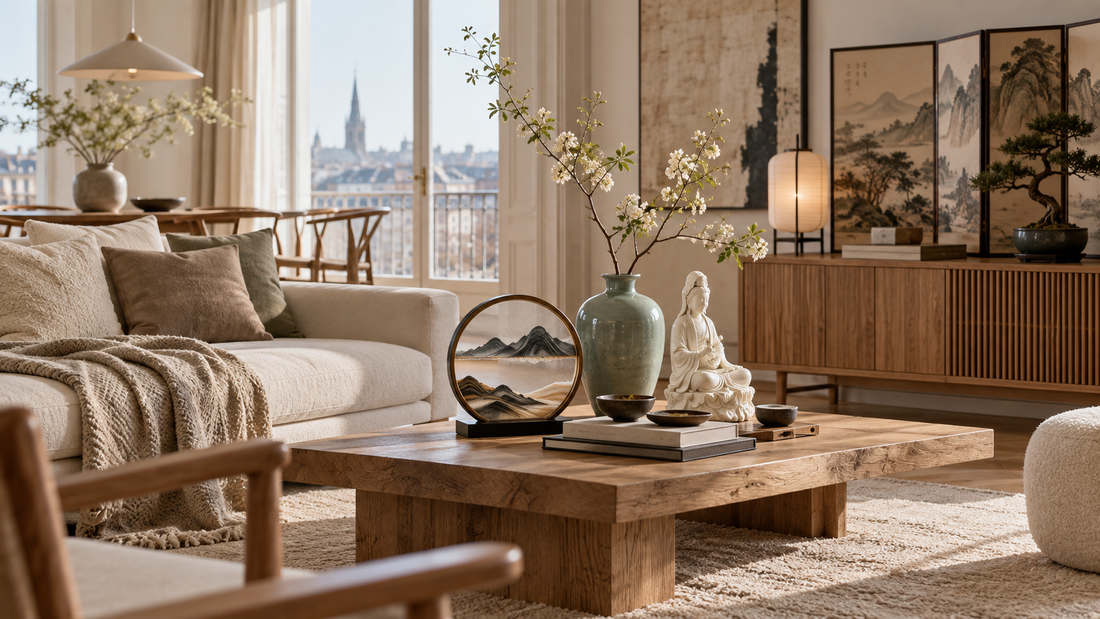 Japandi Scandinavian apartment mixed with New Chinese art objects ceramics and landscape decor