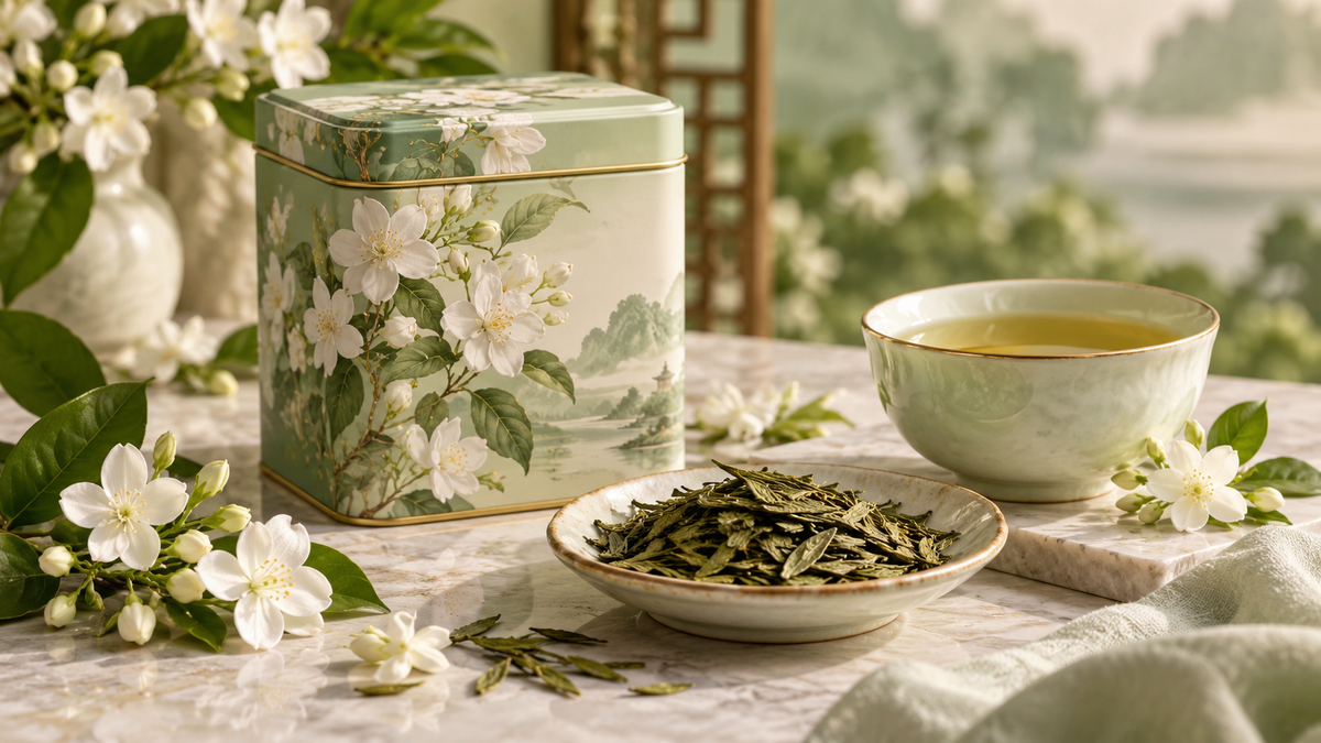 Tea tin and loose leaves illustrating elegant Chinese tea storage