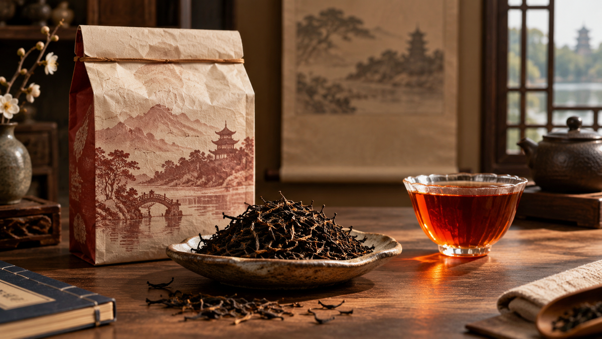Warm amber Chinese black tea and dark loose leaves for coffee drinkers exploring tea