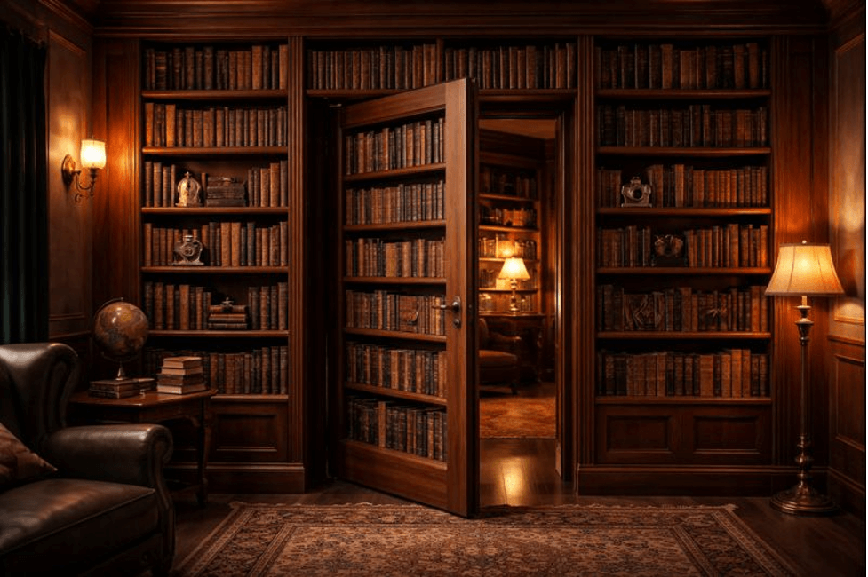 THE LUXE JOURNAL editorial cover for a hidden bookshelf door and secret library interior