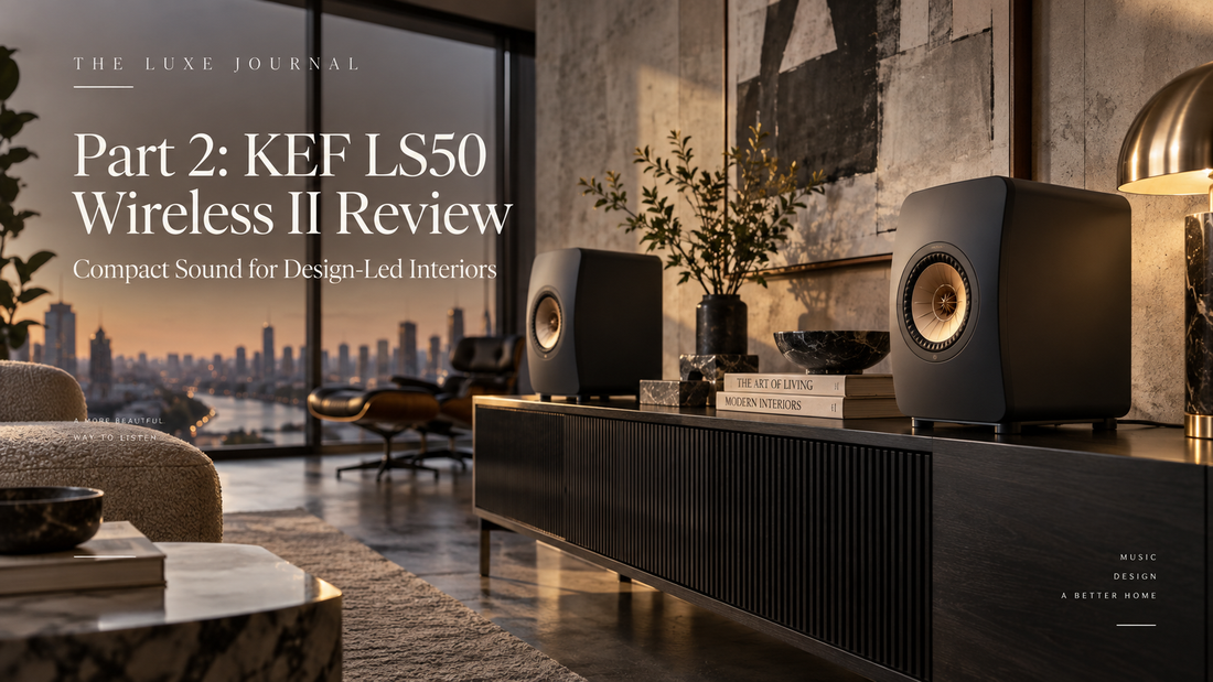 Editorial illustration inspired by KEF LS50 Wireless II in a modern interior