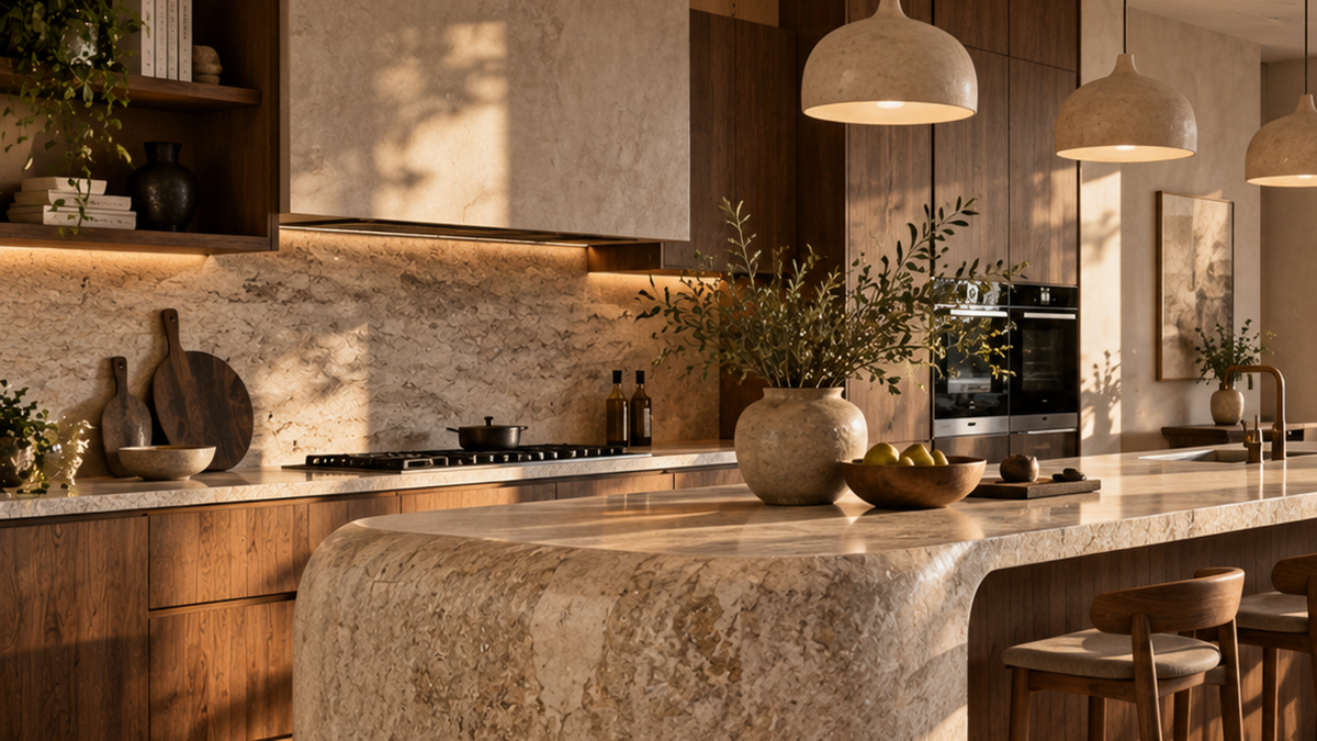 Luxury kitchen backsplash with natural stone, warm wood and layered lighting