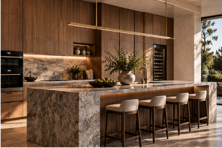 Warm wood kitchen cabinets with stone island and integrated lighting