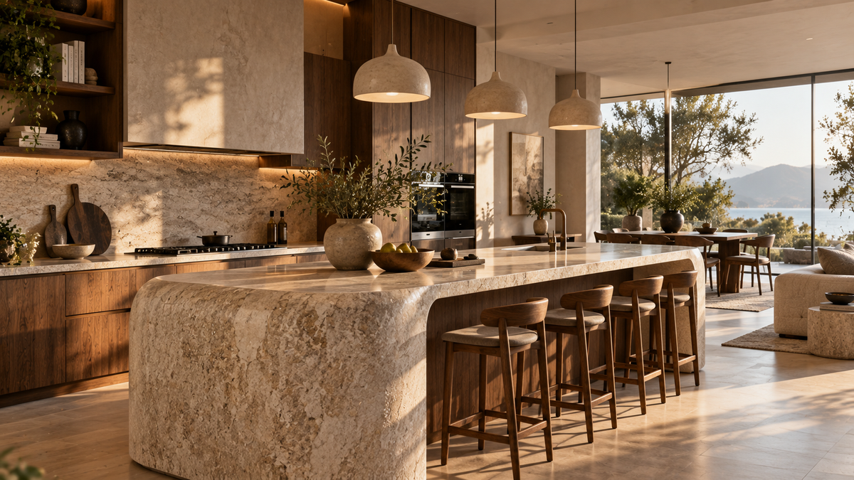 Luxury kitchen island with stone, wood, seating and pendant lighting