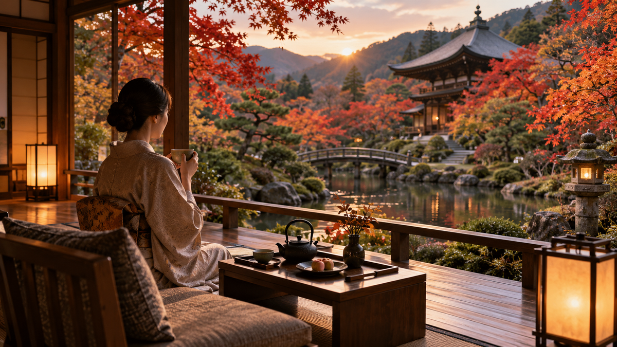 Kyoto autumn garden viewed from a traditional inn veranda with tea