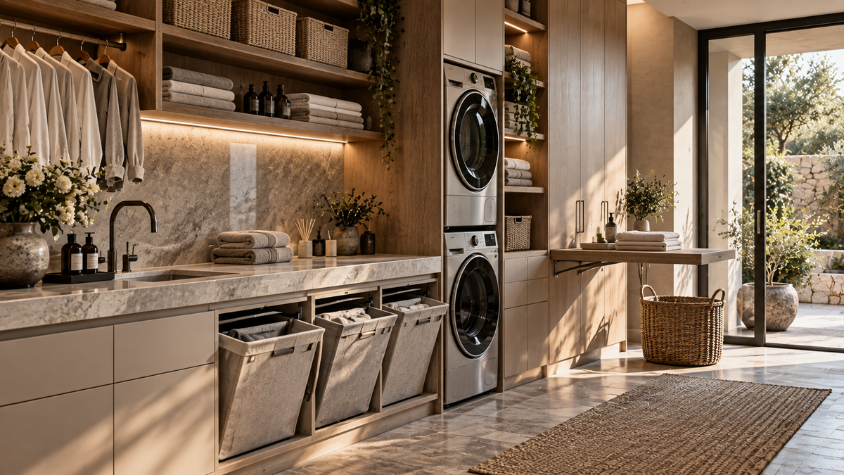 Luxury laundry room with stacked washer dryer, cabinetry, sink and folding station