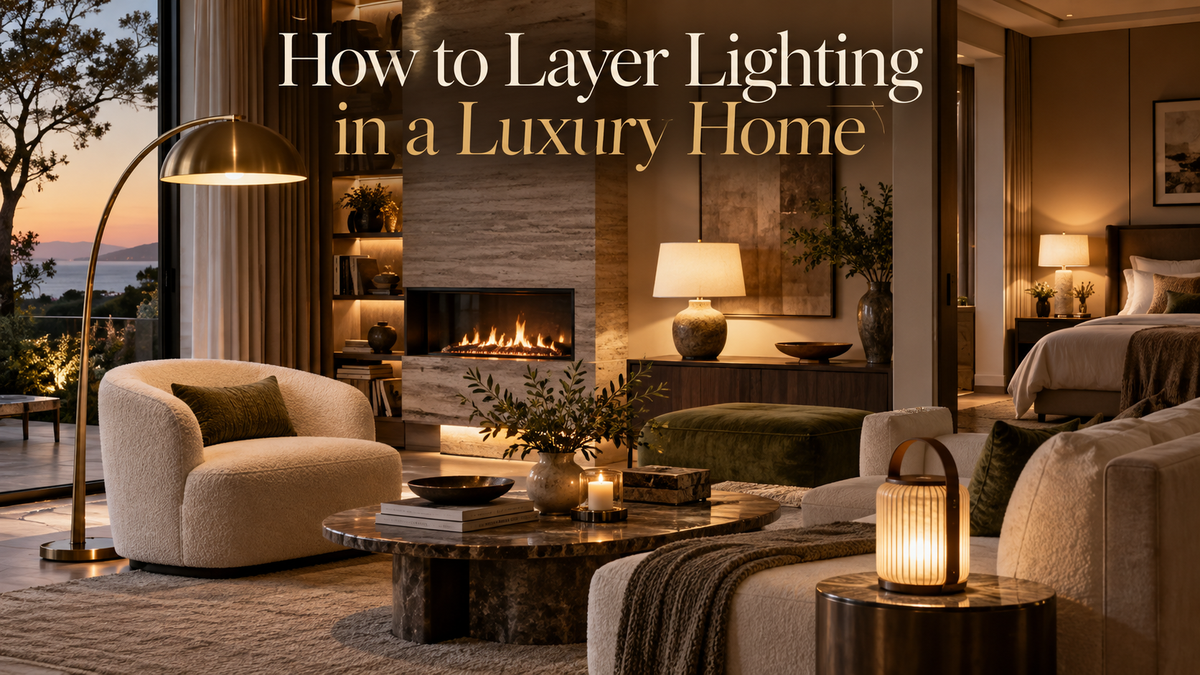 Luxury home with layered floor, table, bedside and portable lighting