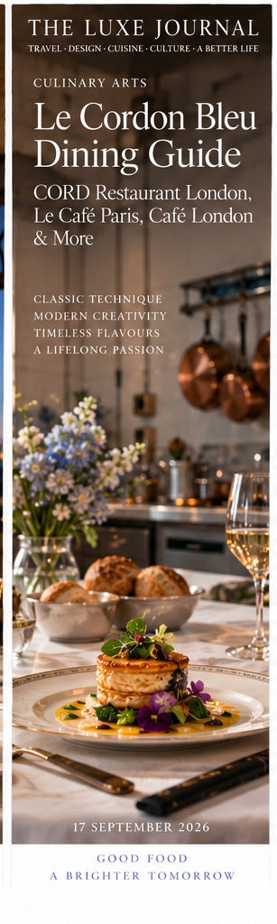The Luxe Journal cover for a Le Cordon Bleu dining guide featuring CORD Restaurant London and Le Cordon Bleu cafes