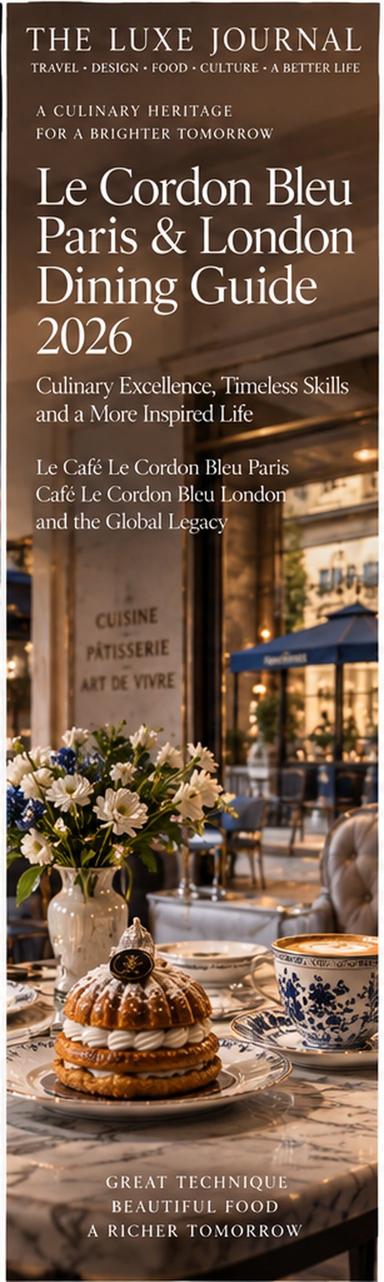 The Luxe Journal cover for Le Cordon Bleu Paris and London dining guide featuring Le Cafe Le Cordon Bleu and French pastry culture
