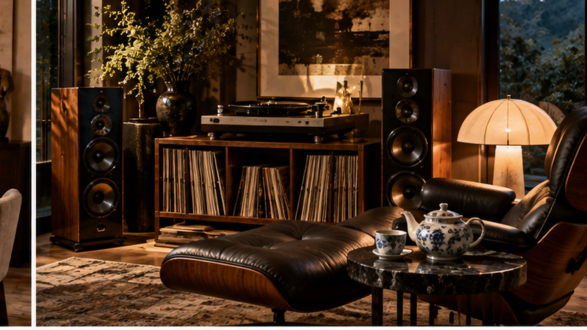 Luxury listening lounge with vinyl turntable, hi-fi speakers, tea and warm lighting