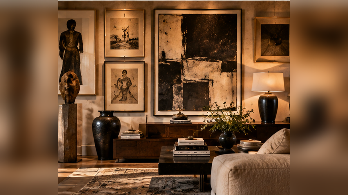 Art-filled living room with layered paintings, sculpture and collected ceramics