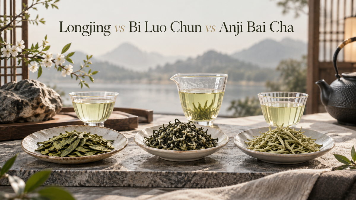 Longjing, Bi Luo Chun and Anji Bai Cha spring green teas compared in a refined Chinese tea setting