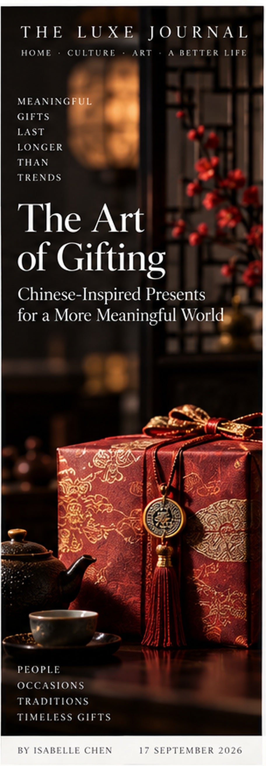 The Luxe Journal cover for The Art of Gifting, featuring a luxurious Chinese-inspired gift box, tea ware and refined red-and-gold presentation