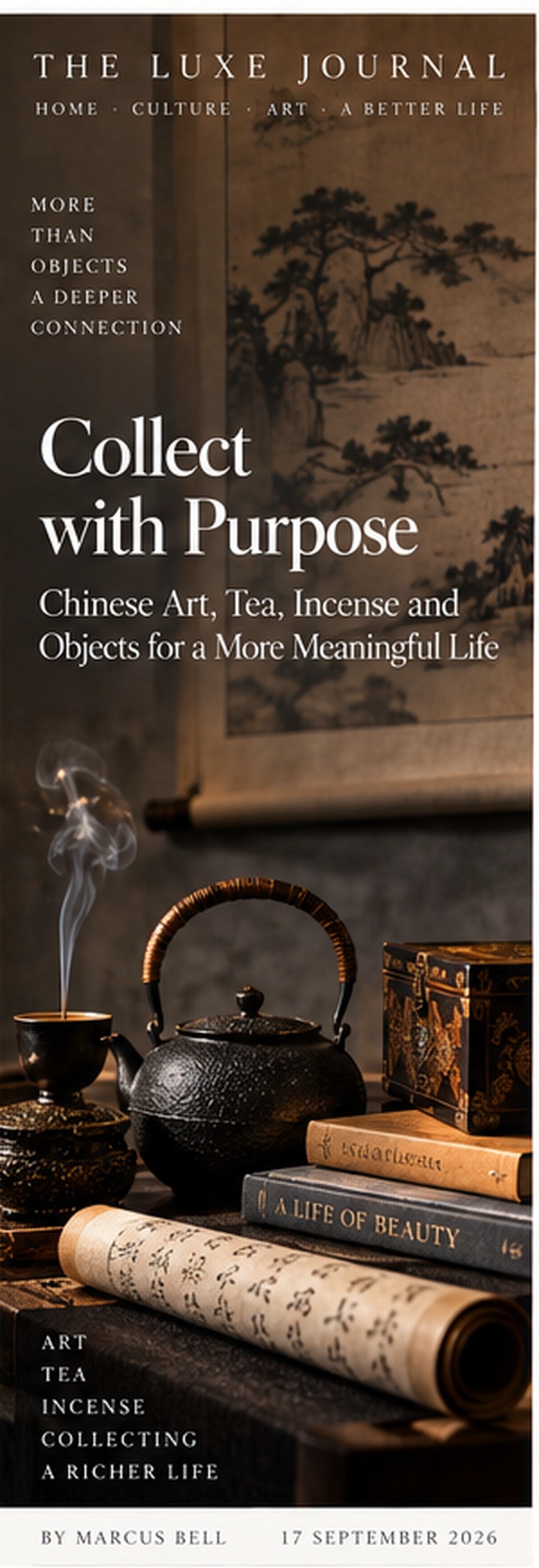 The Luxe Journal cover for Collect with Purpose, featuring Chinese tea ware, incense, art scrolls and refined objects arranged as meaningful home decor
