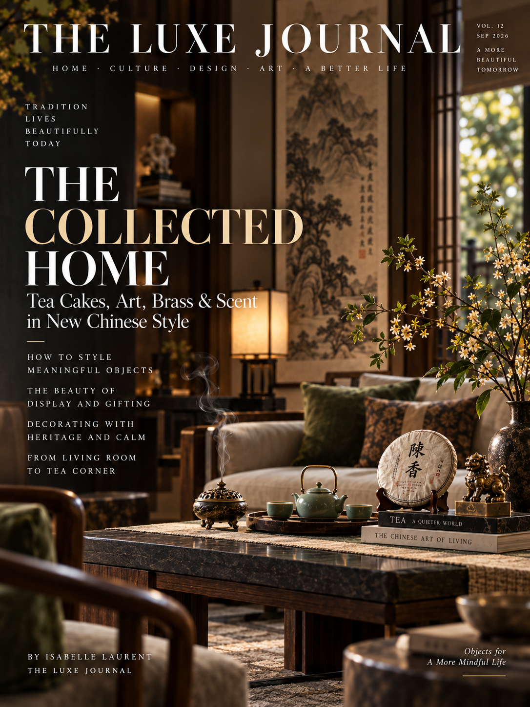 Collected New Chinese home with Pu-erh tea cake, teaware, brass decor, flowers and warm contemporary interior styling