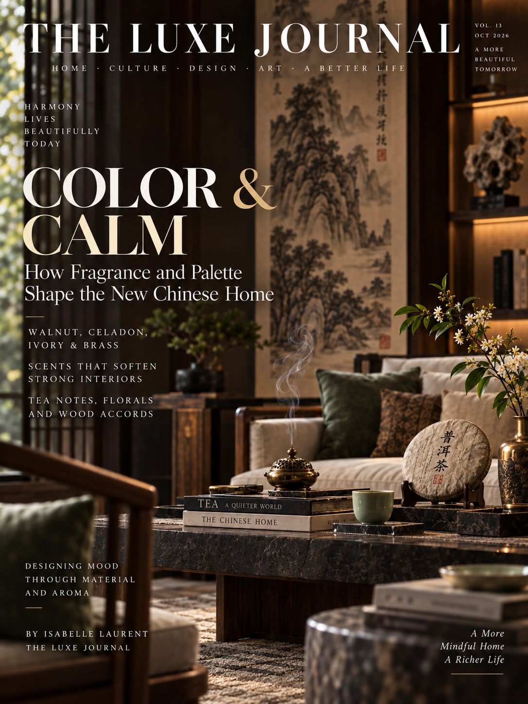New Chinese luxury interior with walnut, celadon, ivory and brass tones, tea and fragrance details