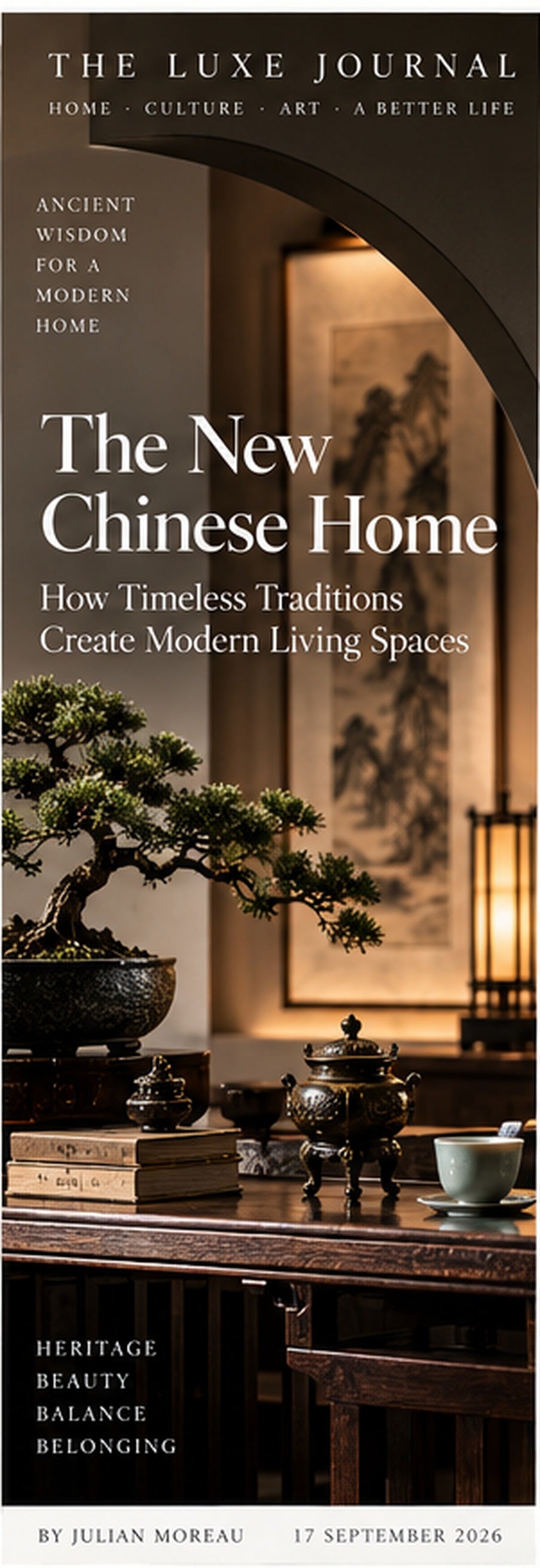 The Luxe Journal cover for The New Chinese Home, featuring refined New Chinese interior styling with bonsai, tea ware and contemporary furnishings
