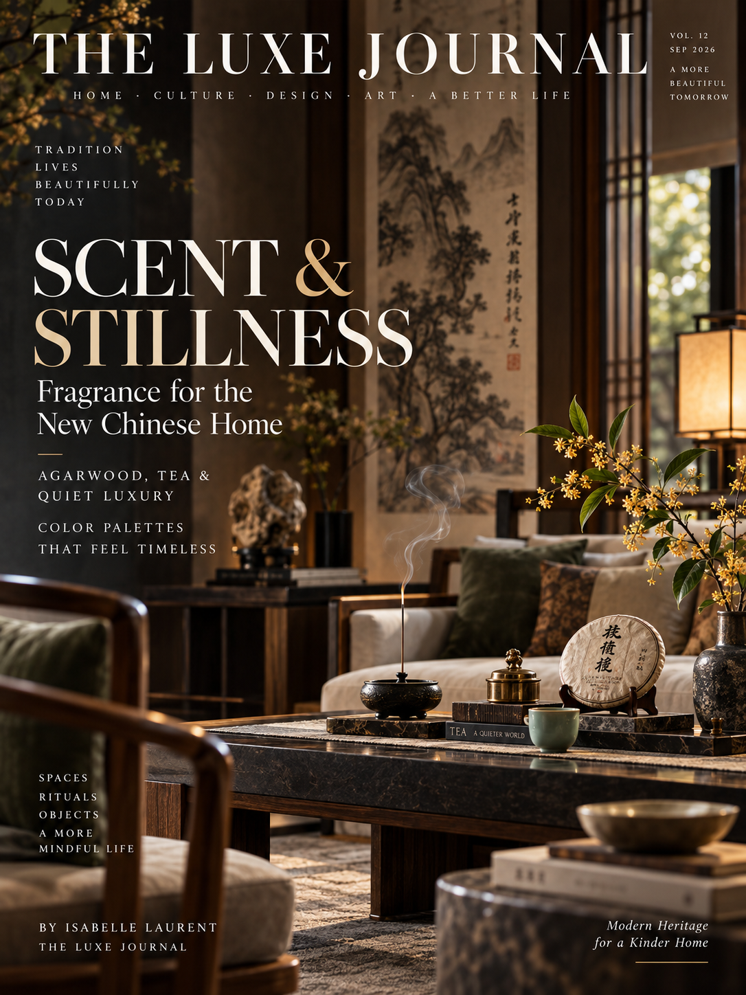 Luxury New Chinese interior with tea, incense ritual and warm wood tones for a fragrance styling guide