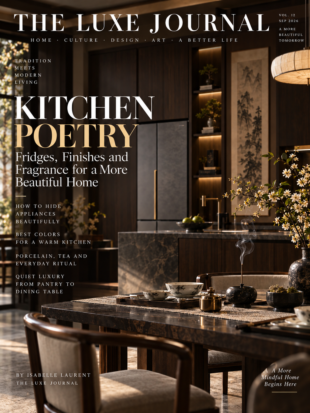 Luxury New Chinese kitchen with integrated refrigerator, warm dark wood, stone dining table and tea ritual