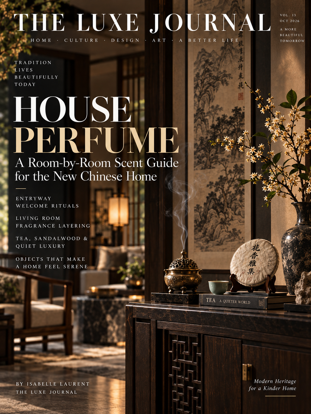 Elegant New Chinese living room with incense burner, tea display and warm timber for a room-by-room scent guide