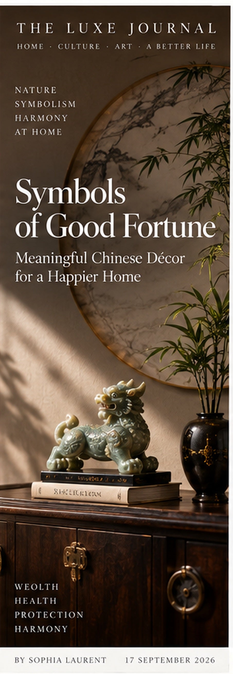 The Luxe Journal cover for Symbols of Good Fortune, featuring a jade-inspired guardian figure, bamboo and elegant New Chinese decor