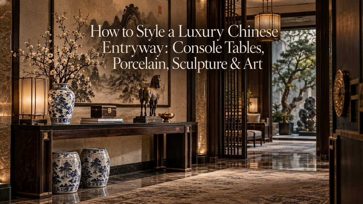 Luxury Chinese entryway with porcelain, sculpture, art and console styling