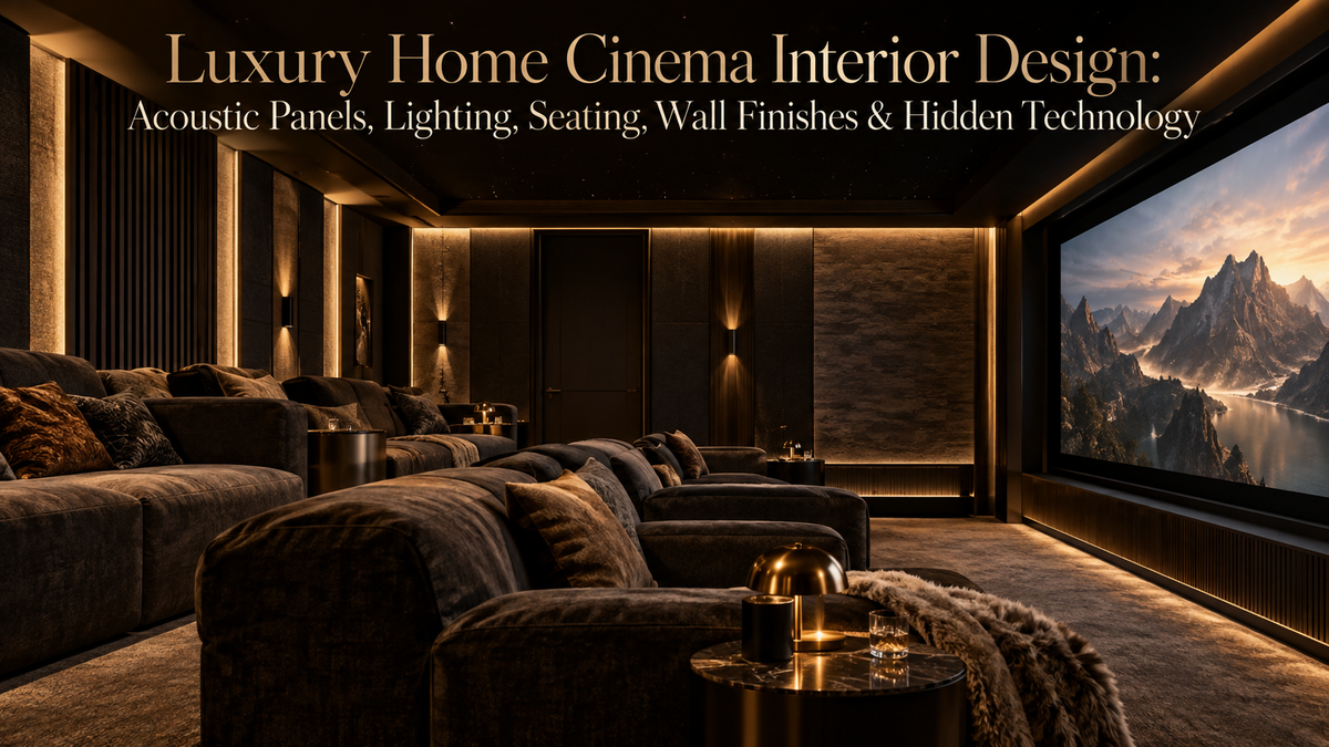 Luxury home cinema interior with acoustic wall panels, ambient lighting and tiered seating