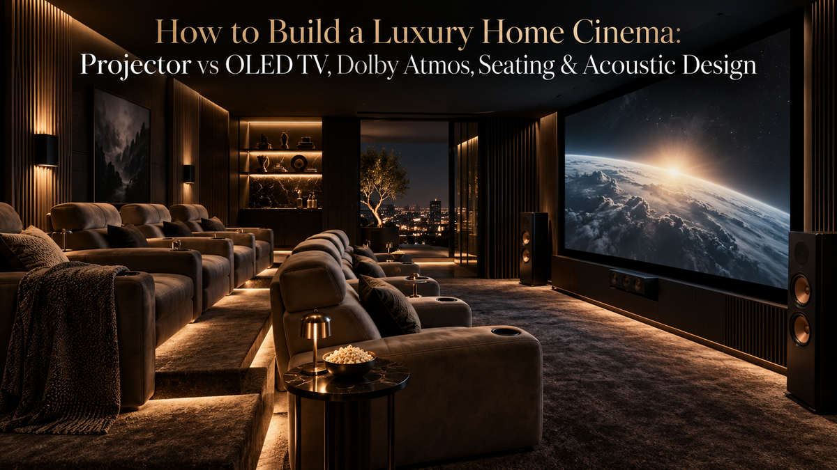 Luxury home cinema with projector screen, premium seating, warm lighting and surround sound