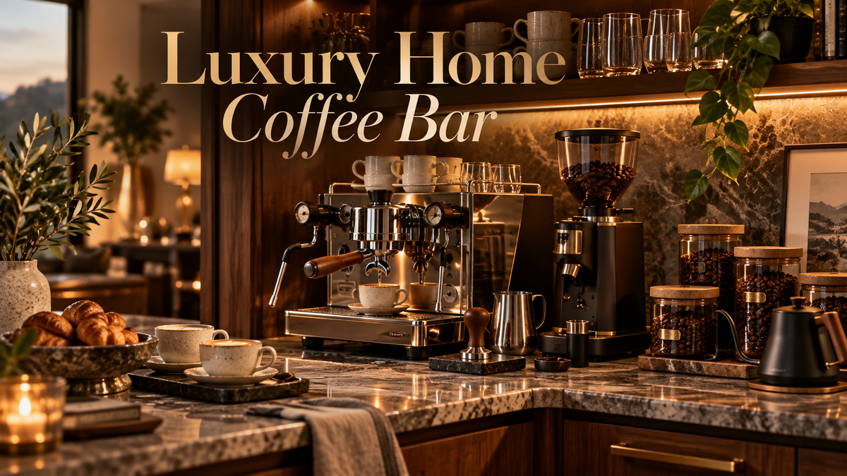 Luxury home coffee bar with espresso machine, grinder, storage and warm lighting