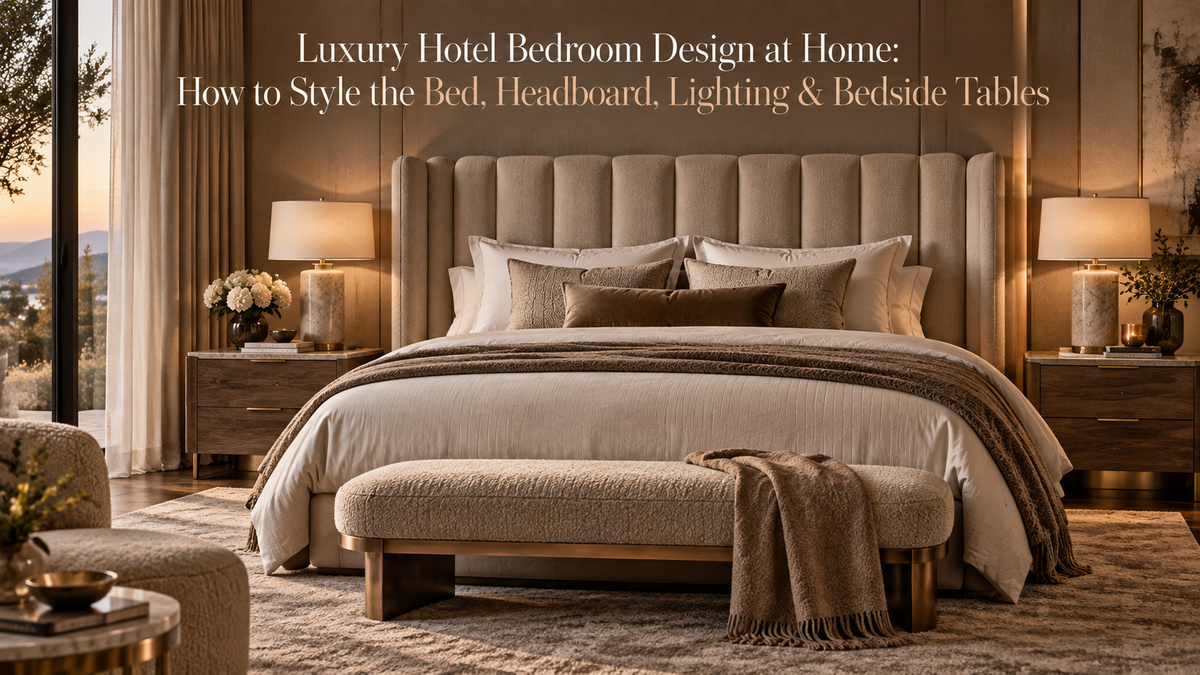 Luxury hotel-style bedroom with upholstered headboard, layered bedding and warm bedside lighting