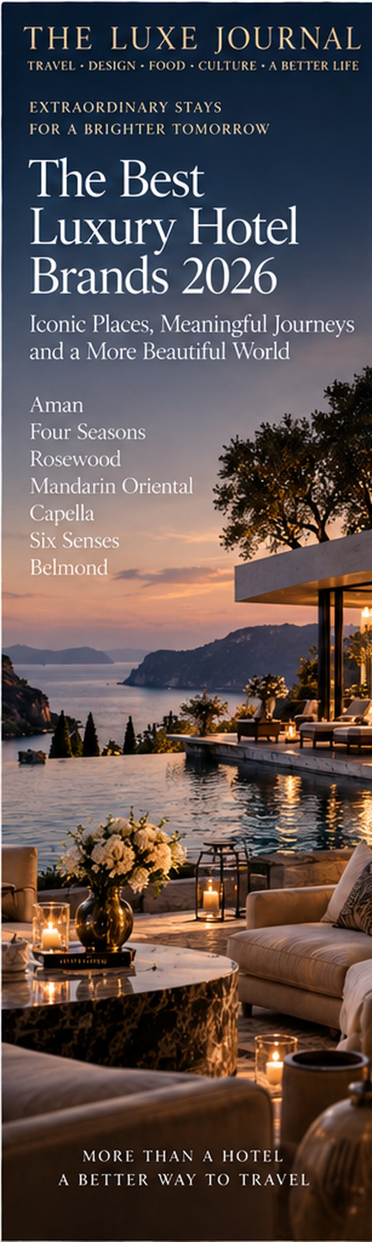 The Luxe Journal cover for Best Luxury Hotel Brands 2026 featuring Aman, Four Seasons, Rosewood, Mandarin Oriental, Capella, Six Senses and Belmond