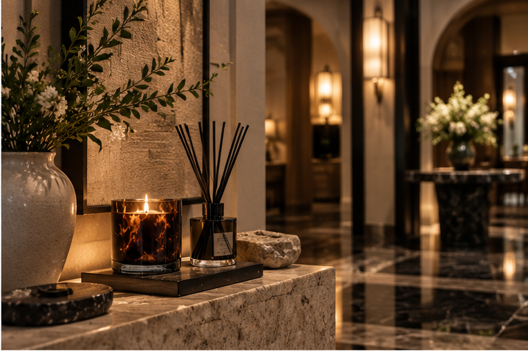 Luxury hotel inspired home fragrance styling with candle and diffuser