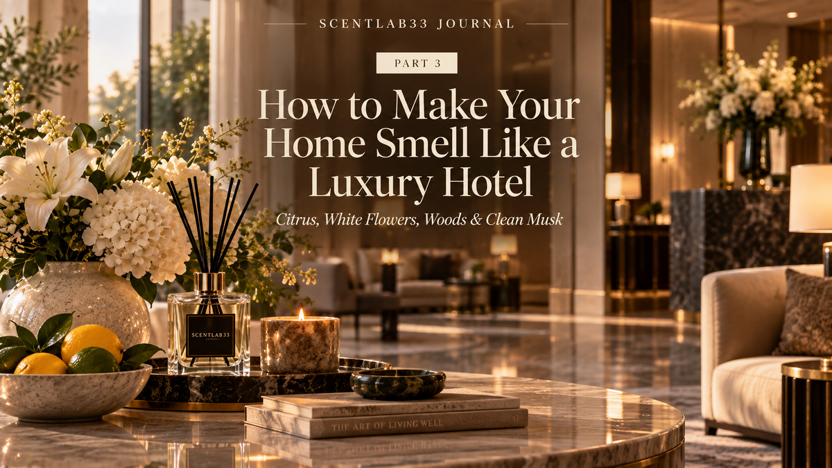 Luxury hotel inspired home fragrance styling with citrus flowers woods and musk