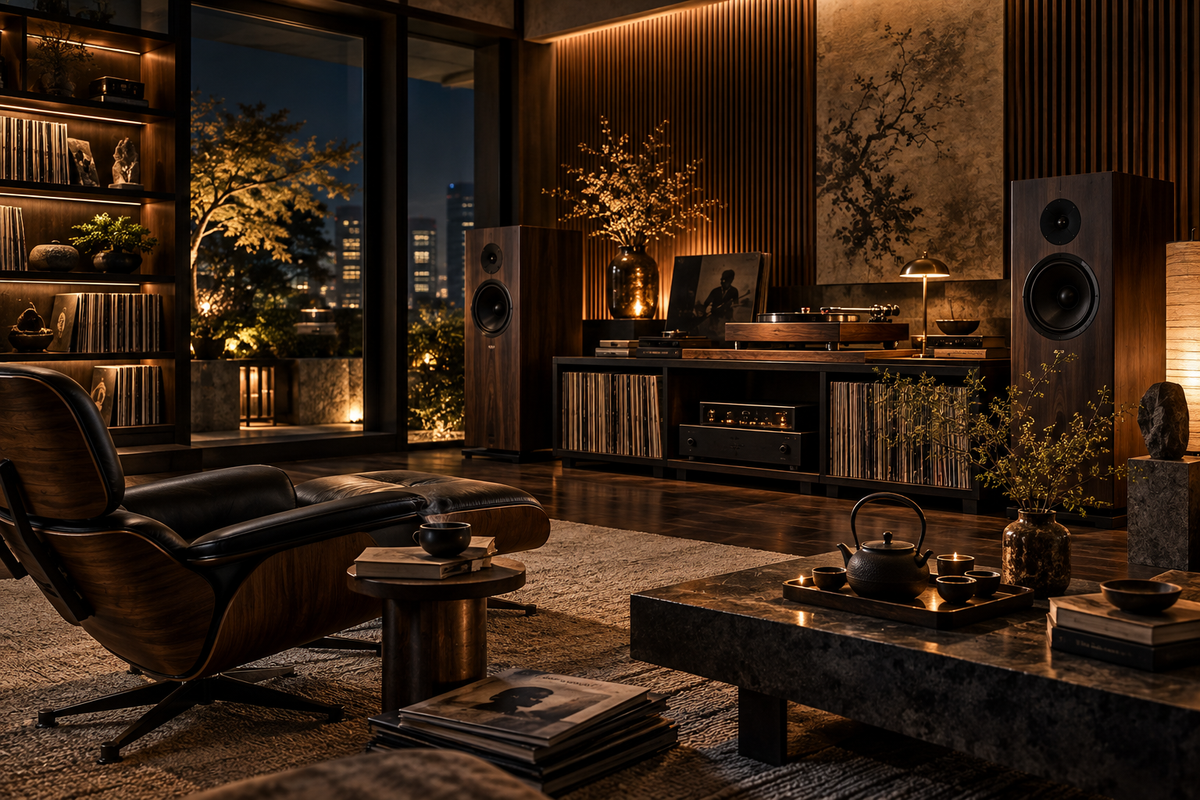 Luxury listening room with vinyl records, turntable and high end speakers