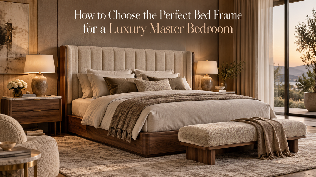 Luxury master bedroom with upholstered and wood bed frame details
